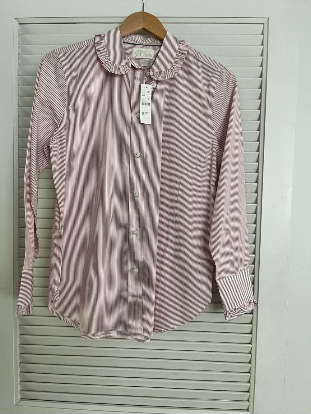 J.Crew Pink Striped Ruffle Collar Button-Up Shirt. Size 2. NWT.